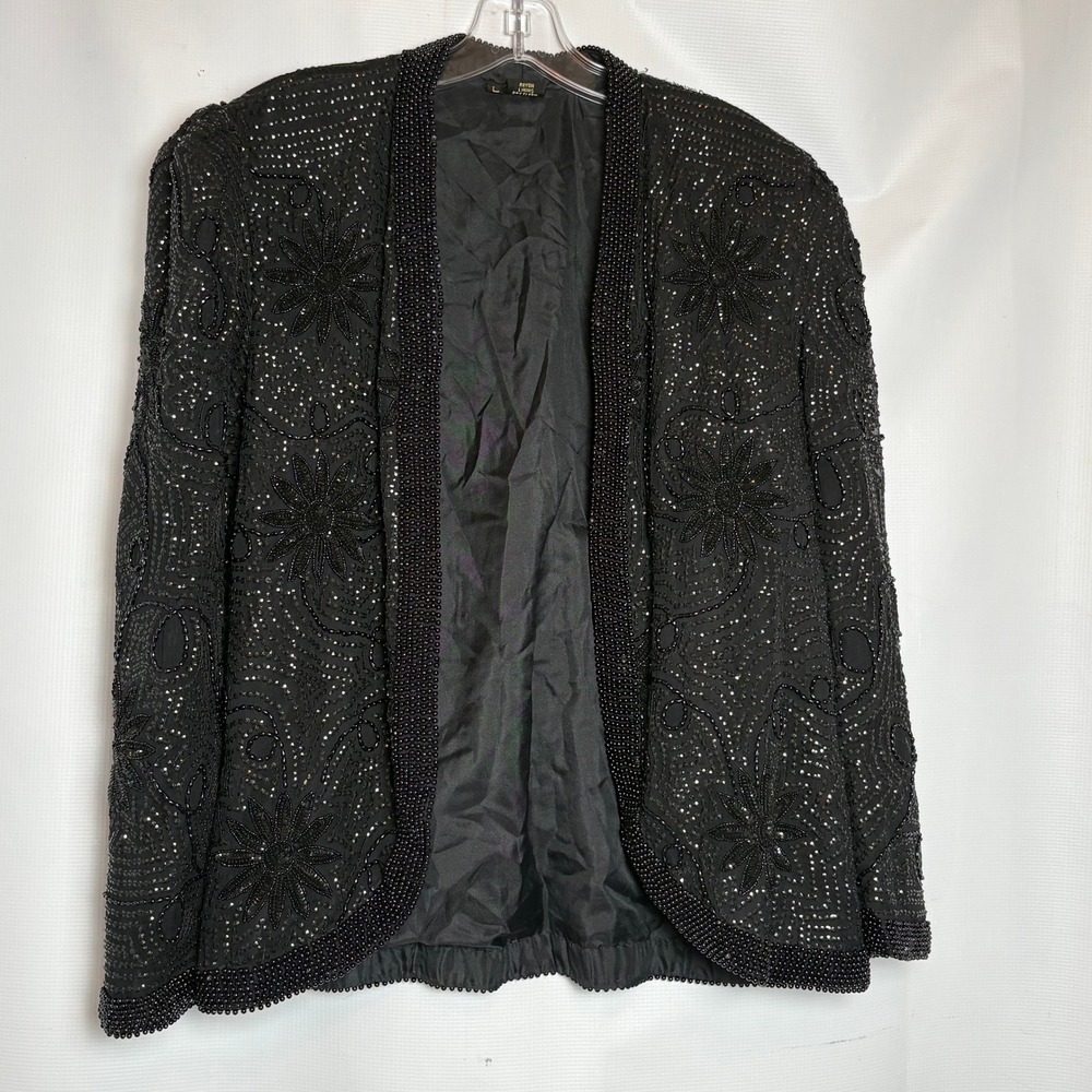 Vintage Black Hand Beaded Sequin Silk Jacket Women's‎ India Formal Evening